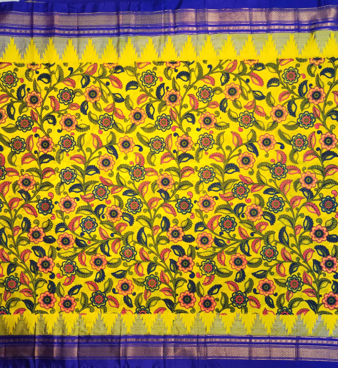 Vibrant Yellow Ilkal–Kalamkari Floral print Fusion Saree