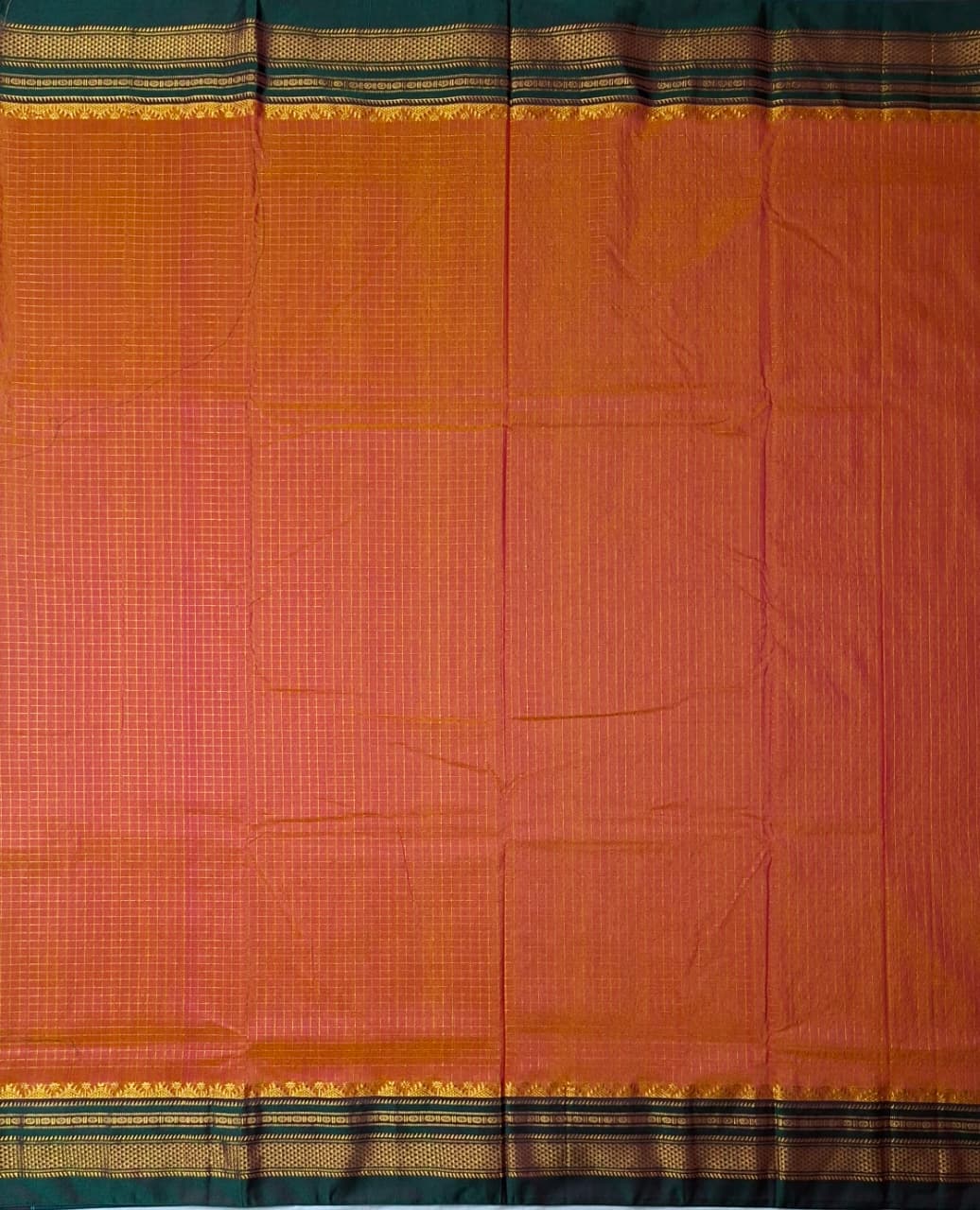 Sunset Orange Mini Checks Ilkal Meera Saree with Deep Bottle Green Border