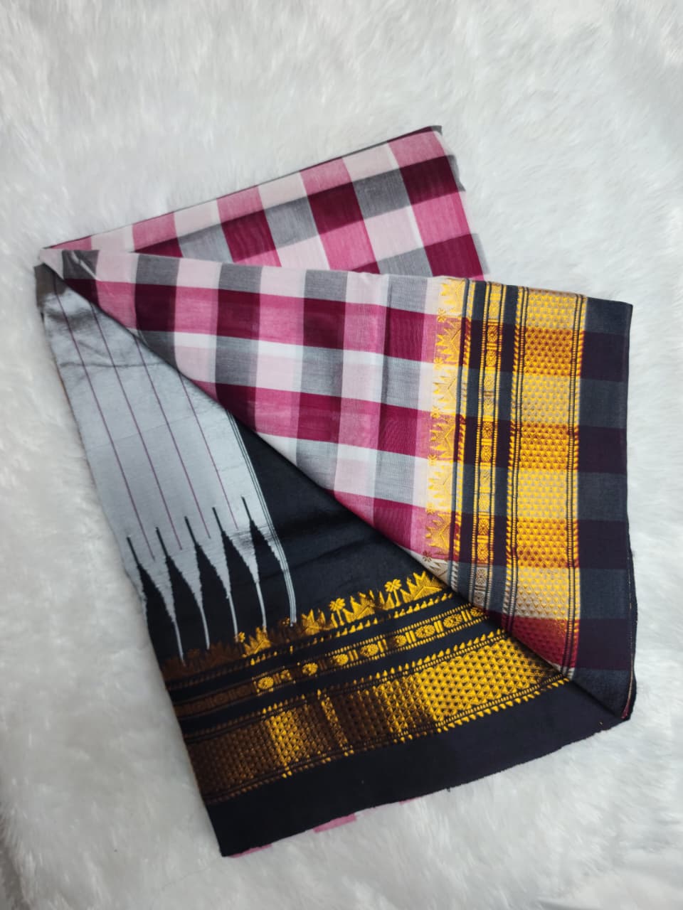 Pink–Grey Big Checks Ilkal Saree with Black Zari Border