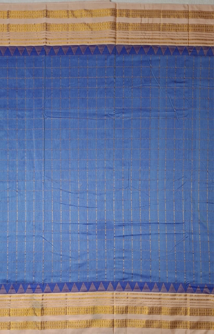 Dusty Blue Big Checks Ilkal Saree with Beige Big Border
