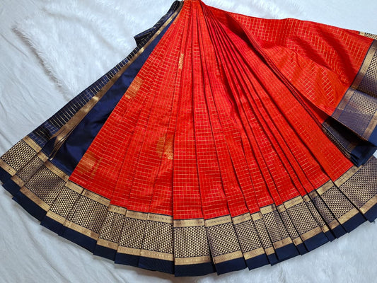 Orange -Navyblue Ilkal Gadwal Pure Silk Saree-Malbar edition with Butta