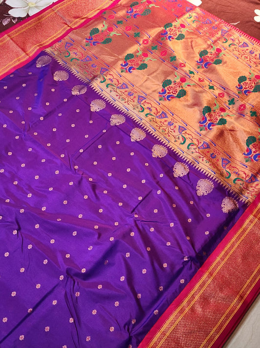 Royal Purple Paithani Saree with Red Kadiyal Zari Border & Floral Buttas