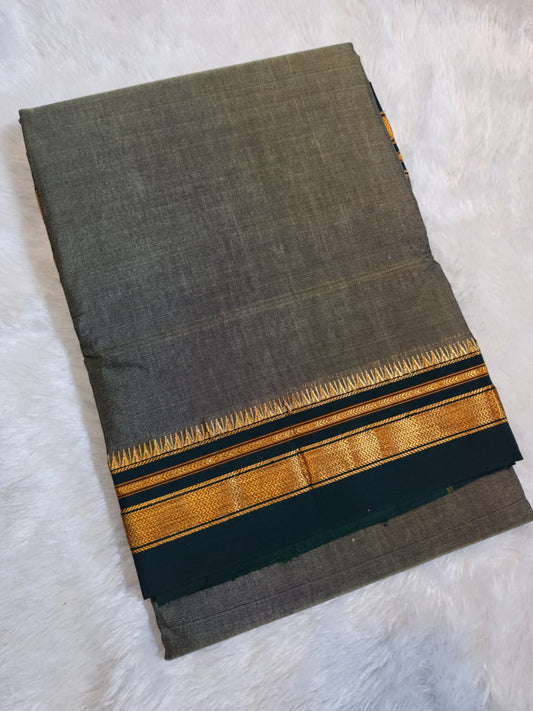 Olive Grey Ilkal Plain Cotton Saree with Thode Paras Border & Silk Pallu