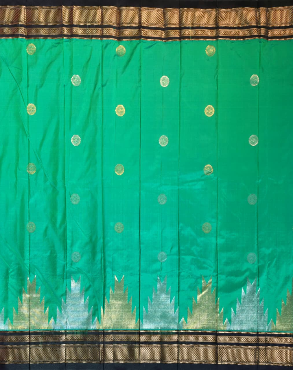 Emerald Green Gadwal Ilkal Silk with Two-Colour Zari Temple Tower Border