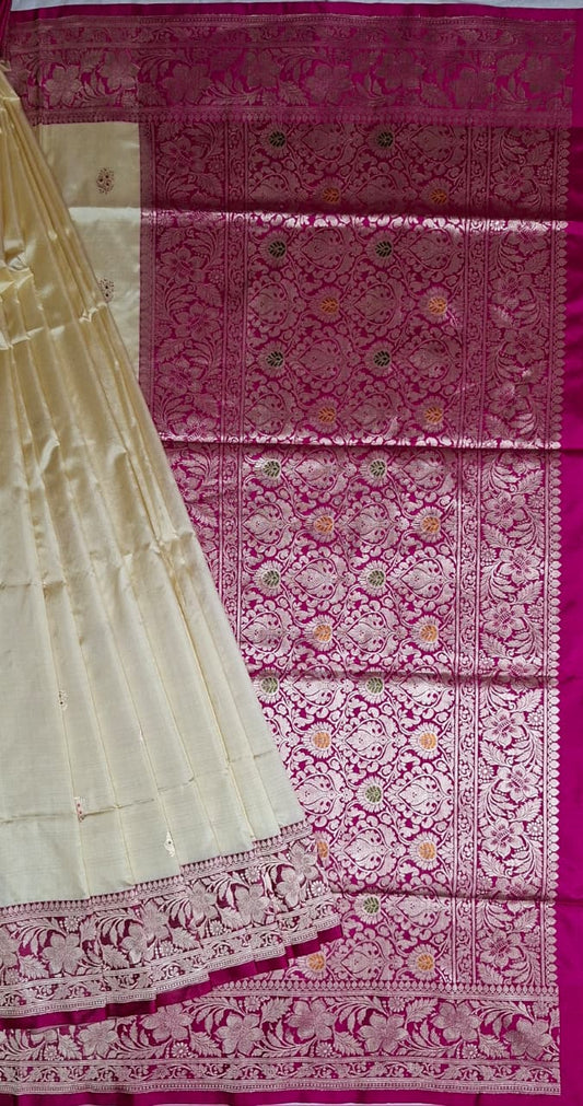 Beige Banarasi Silk Saree with Subtle Golden and Pink Motifs