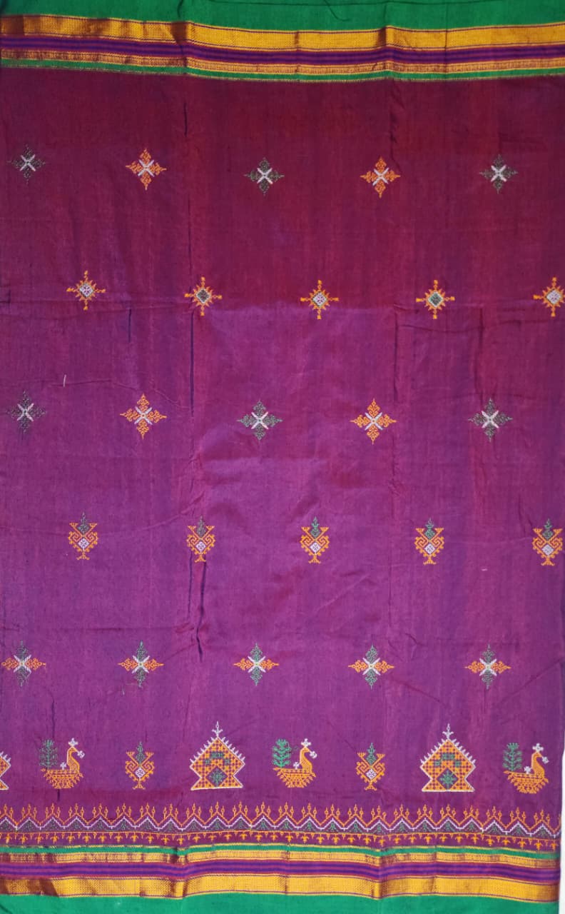 Wine Purple Mustard Ilkal Kasuti Cotton Saree