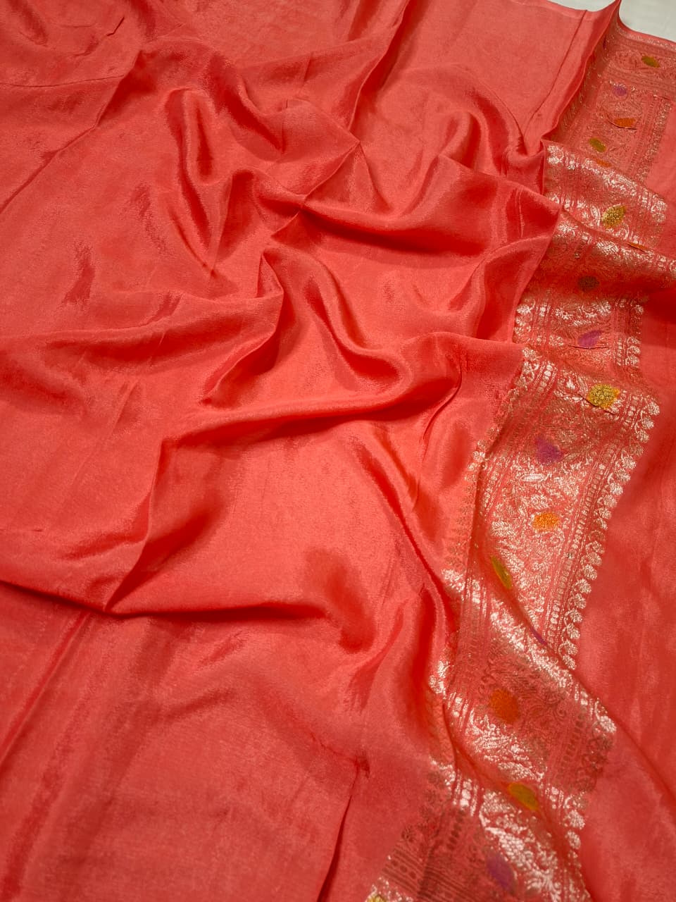 Peach Coral Banarasi Silk Saree with Silver Floral Vine Zari Weaves