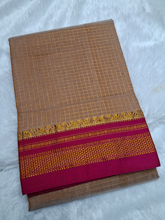 Warm Beige Mini Checks Ilkal Meera Saree with Rani Pink Zari Border