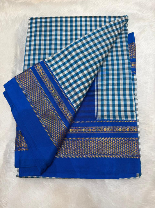 Premium Sky Blue & White Ilkal Mini Checks Saree with Gadwal border