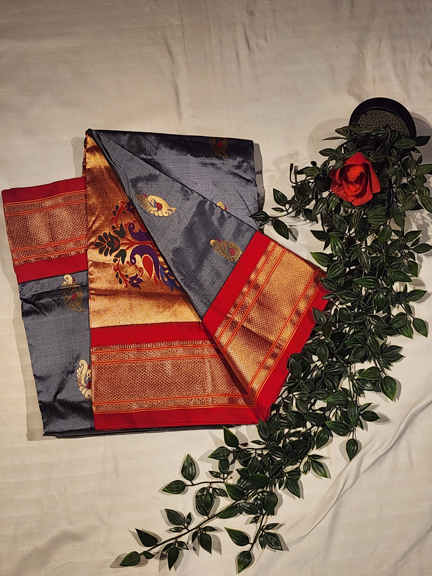 Grey Red Paithani silk