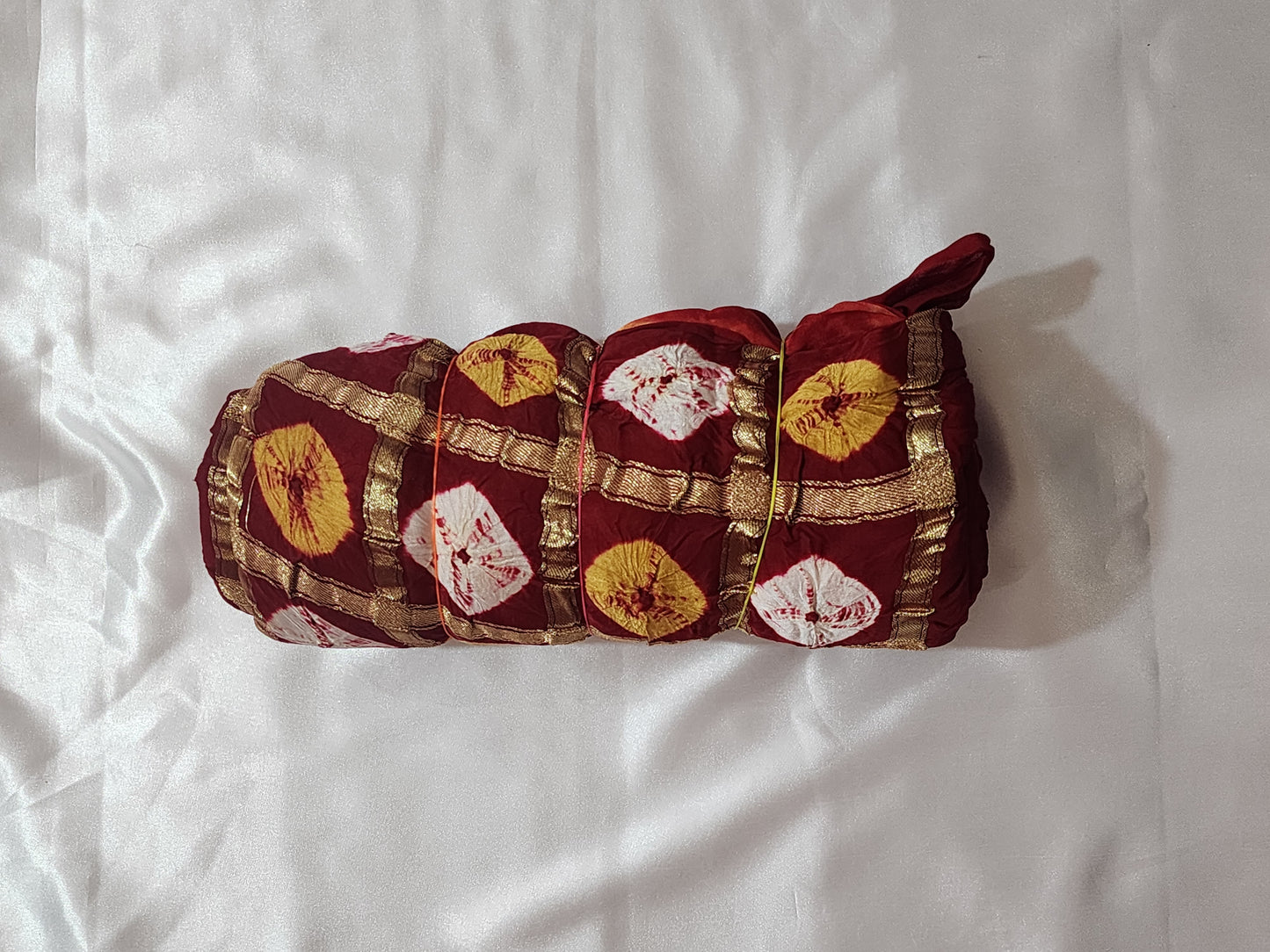 Red Bandhani Modal Silk Saree with Golden Checks