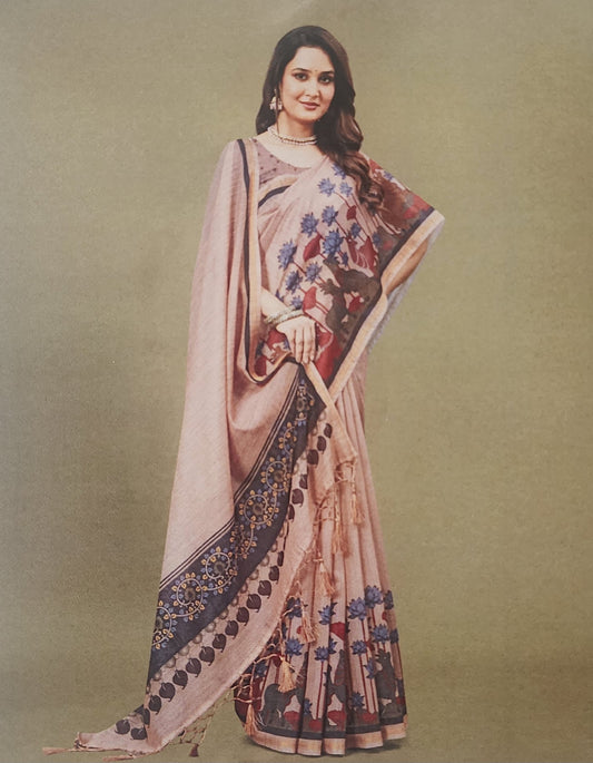 Pink Grey German Print Saree with Deer and Lotus Motif