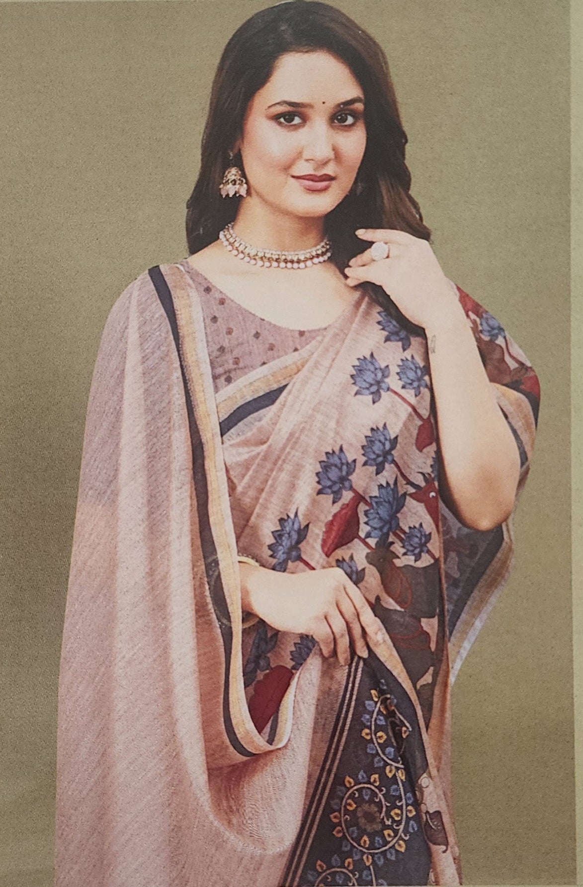 Pink Grey German Print Saree with Deer and Lotus Motif