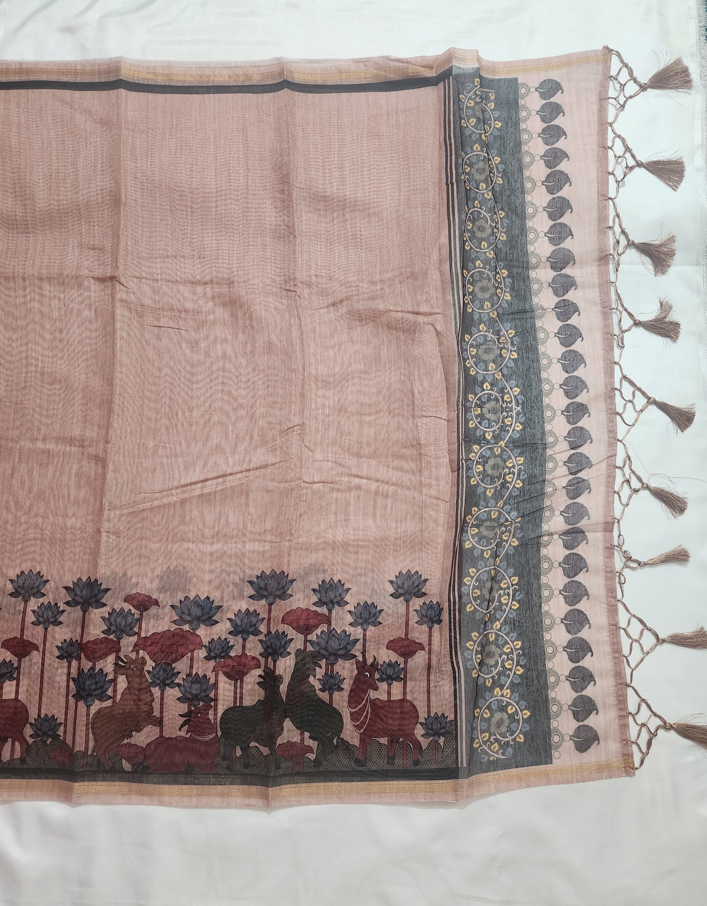 Blush Pink German Print Saree with Deer and Lotus Motif