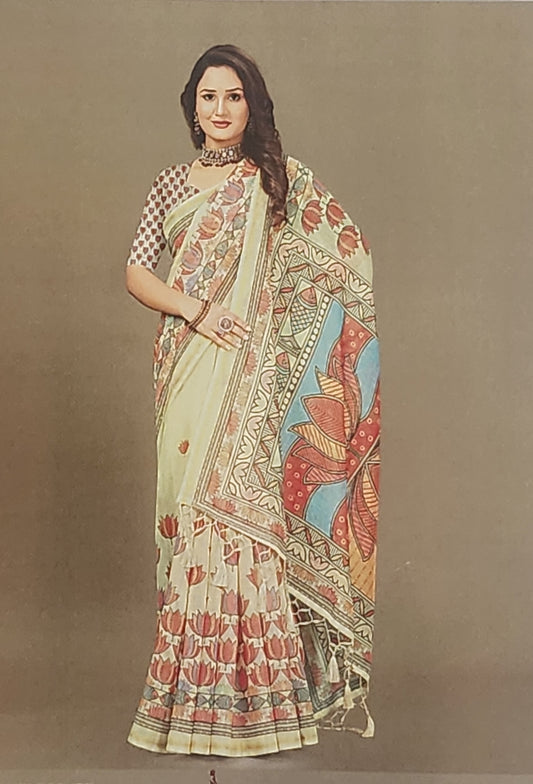 Beige Linen Cotton Saree with Vibrant Lotus and Fish Motif Print