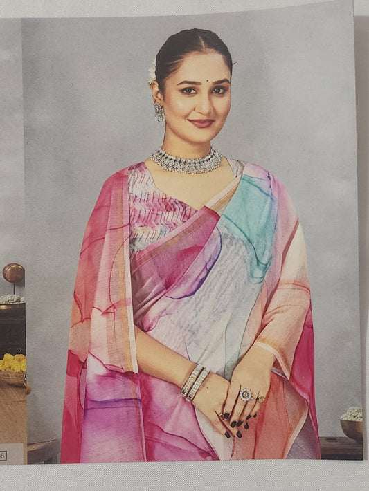 Blush Pink German Print Saree with Sunset Tones