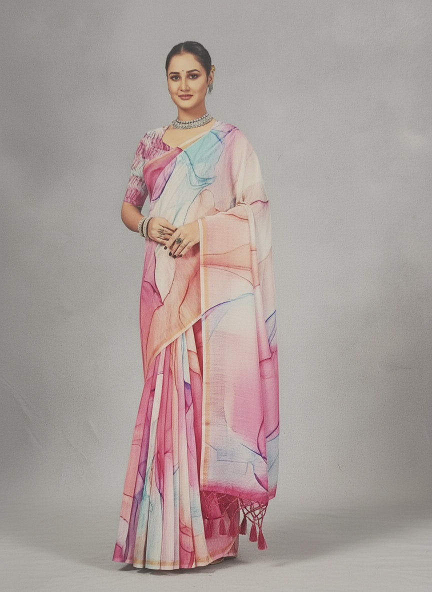 Blush Pink German Print Saree with Sunset Tones