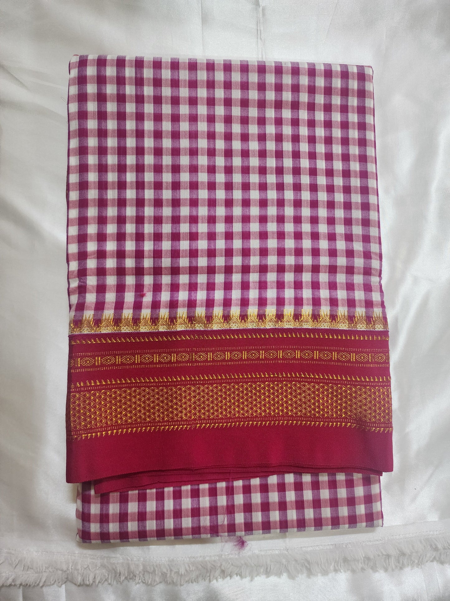 Pink white Ilkal Cotton Checks Saree