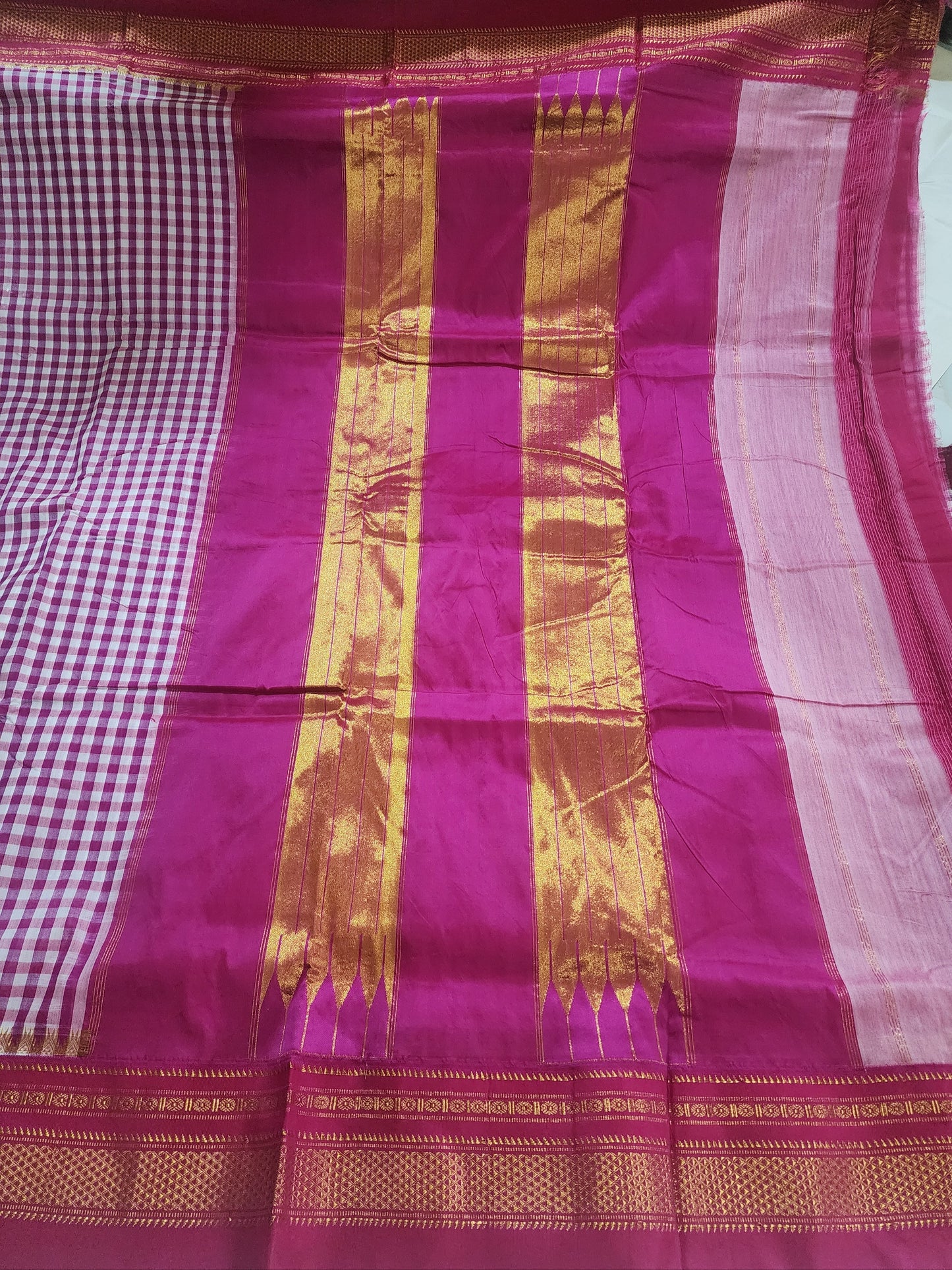 Pink white Ilkal Cotton Checks Saree