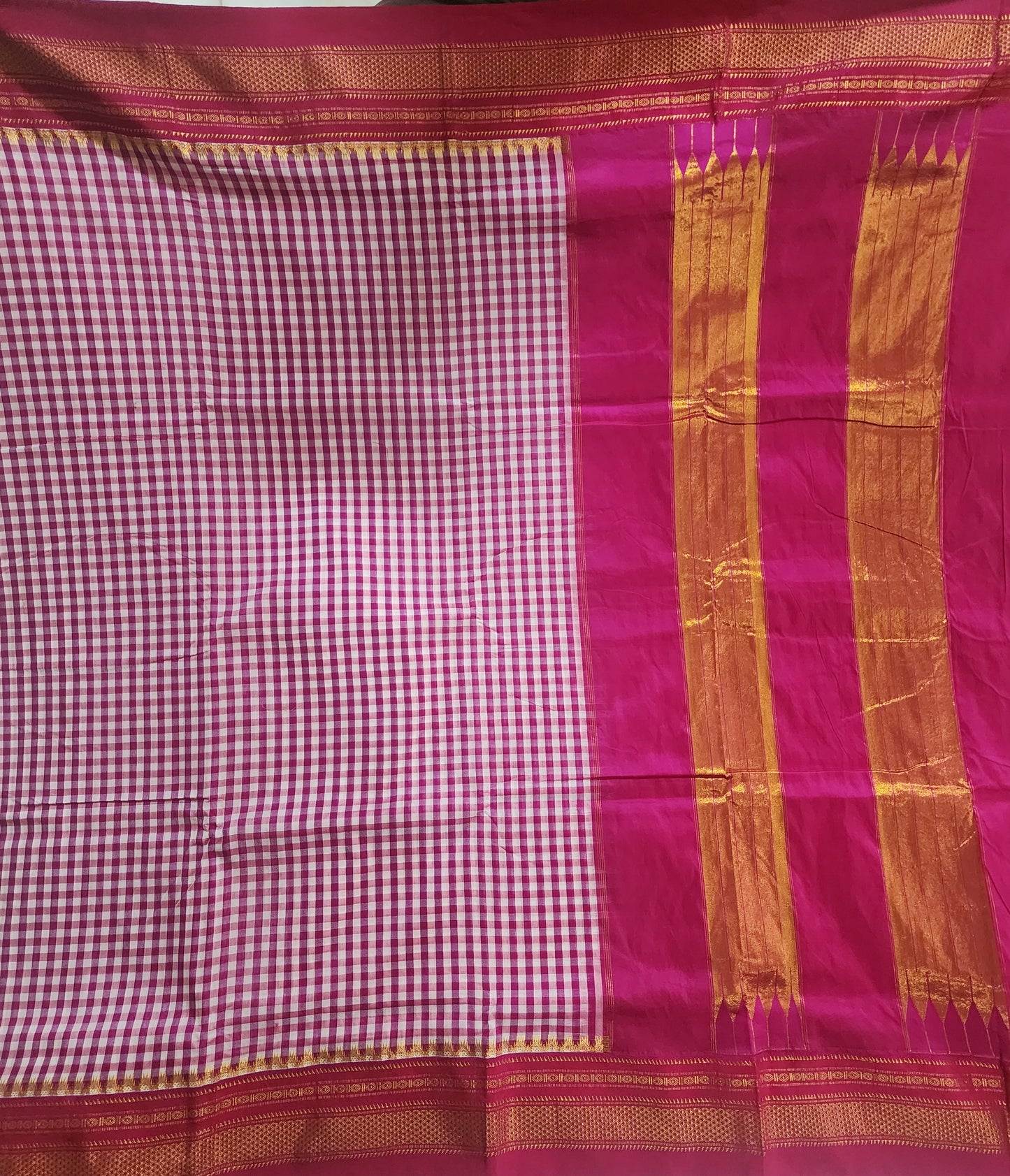 Pink white Ilkal Cotton Checks Saree