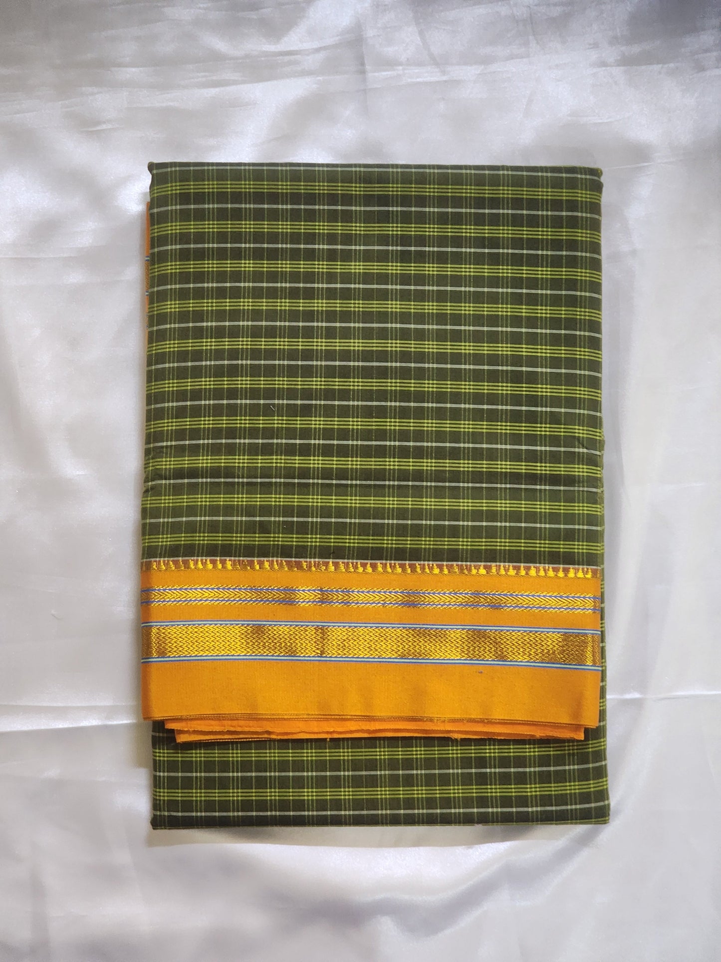 Green yellow Ilkal Cotton Checks Saree