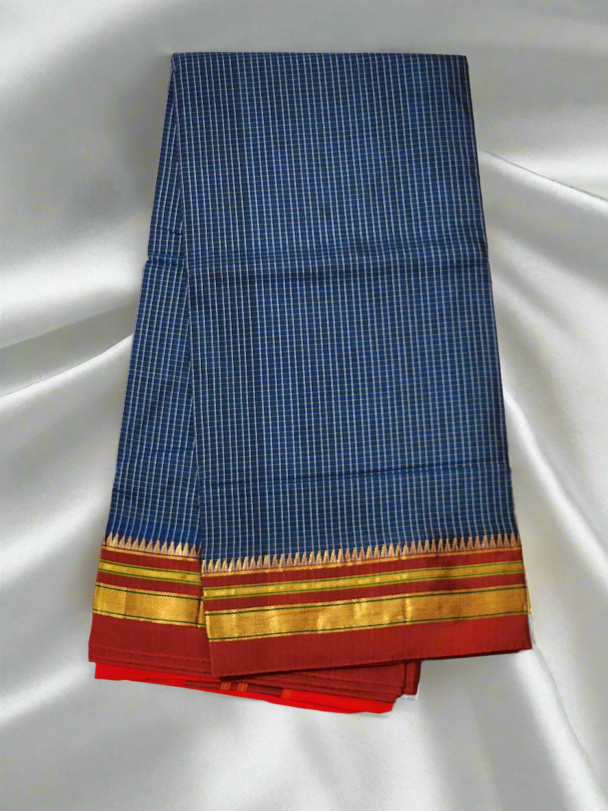 Blue with white checks Ilkal Cotton-Silk blend Saree