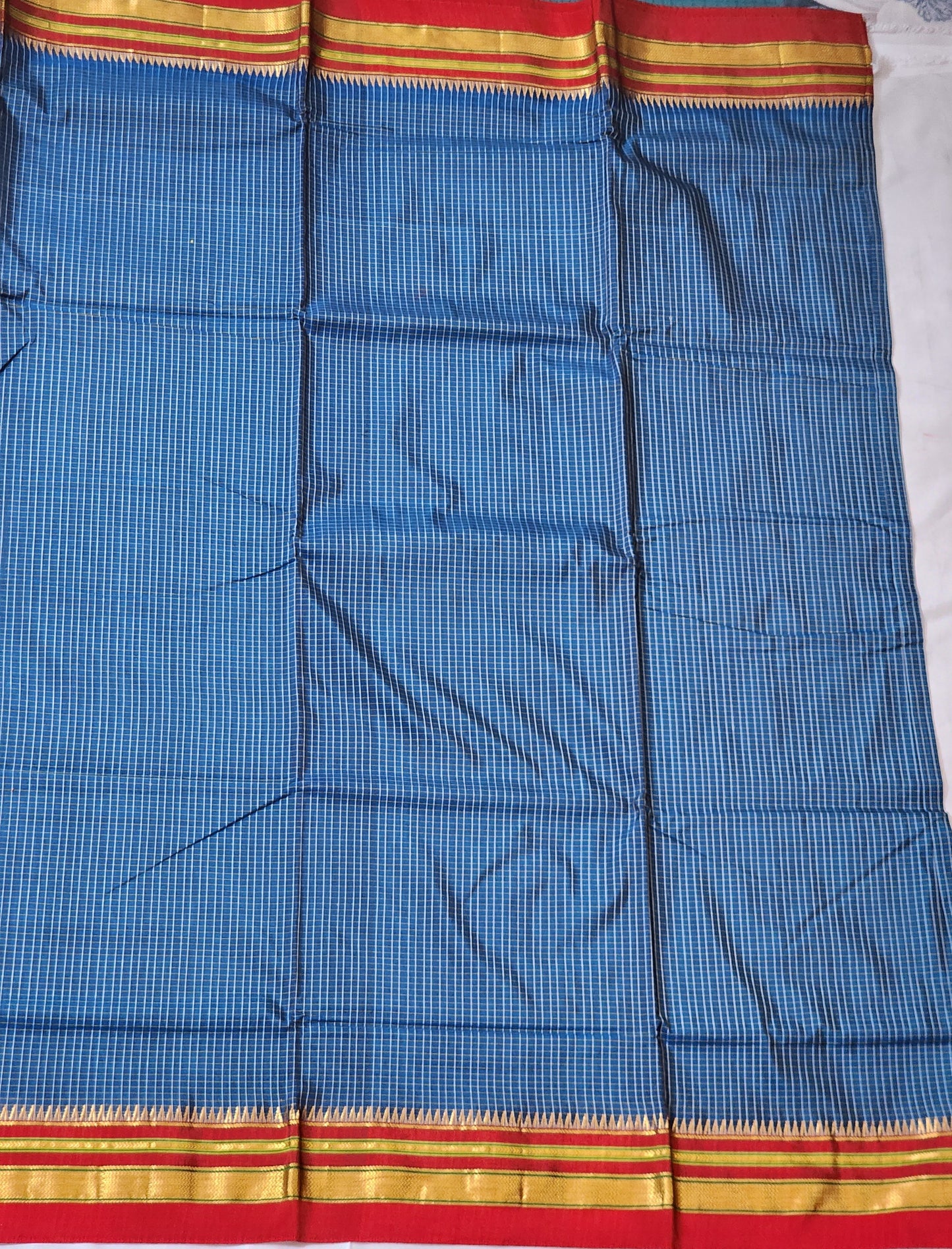 Blue with white checks Ilkal Cotton-Silk blend Saree