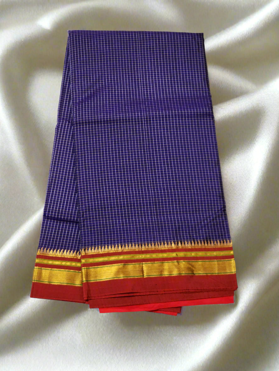 Violet with white checks Ilkal Cotton-Silk blend Saree