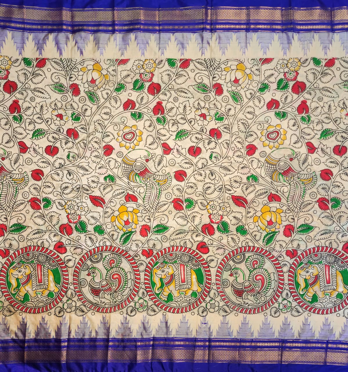 Soft Beige Ilkal–Kalamkari Floral print Fusion Saree