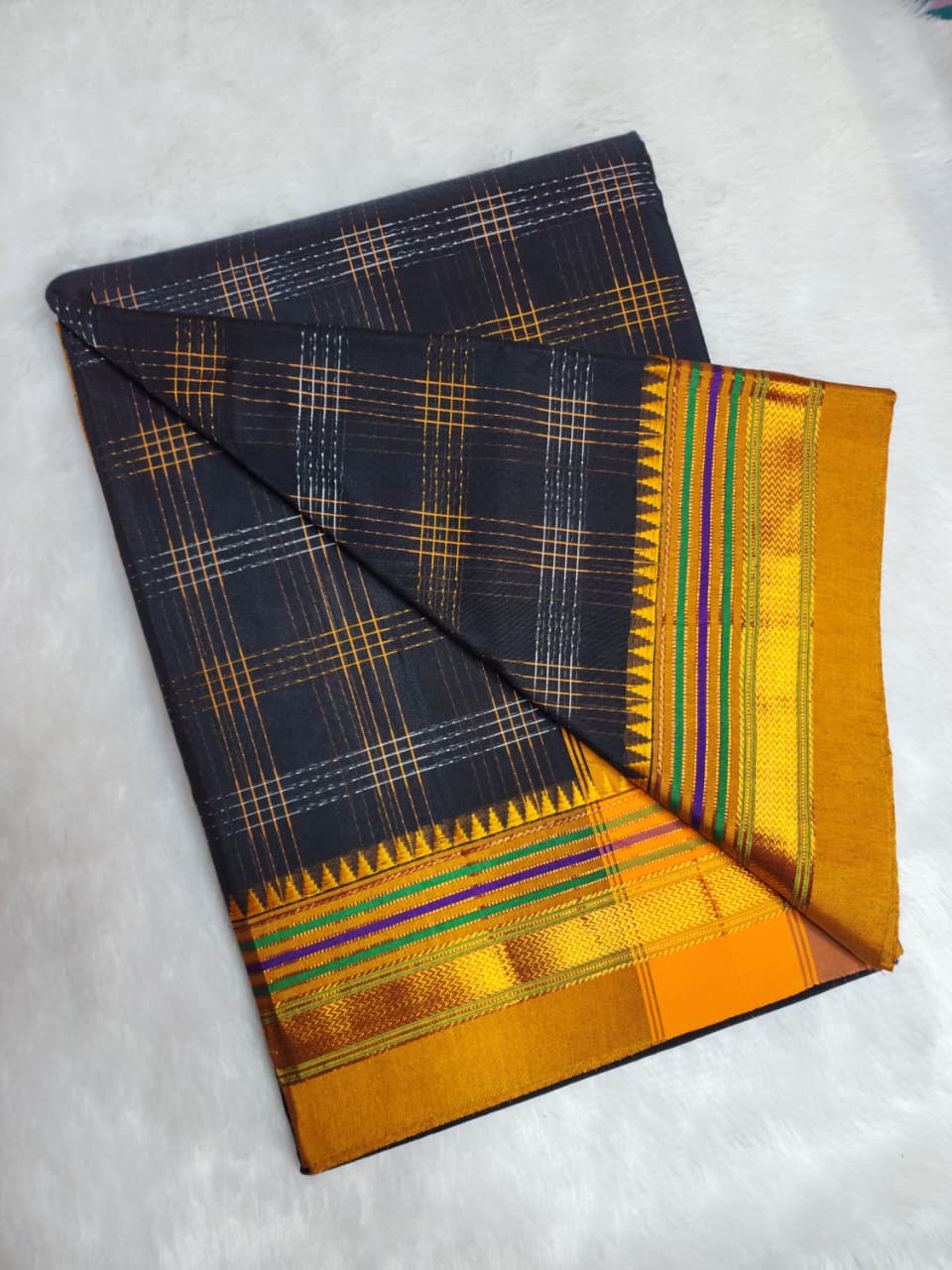 Mustard Black Half Silk Ilkal Saree