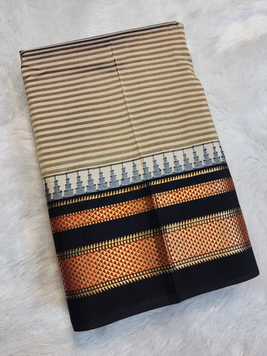 Sand-Beige Gadwal Pure Ilkal Silk Saree with Rapid Stripes