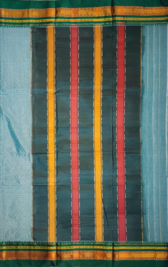Blue-Green (teal) Ilkal Zig-Zag Cotton Saree with Contrast Zari Border & Pallu