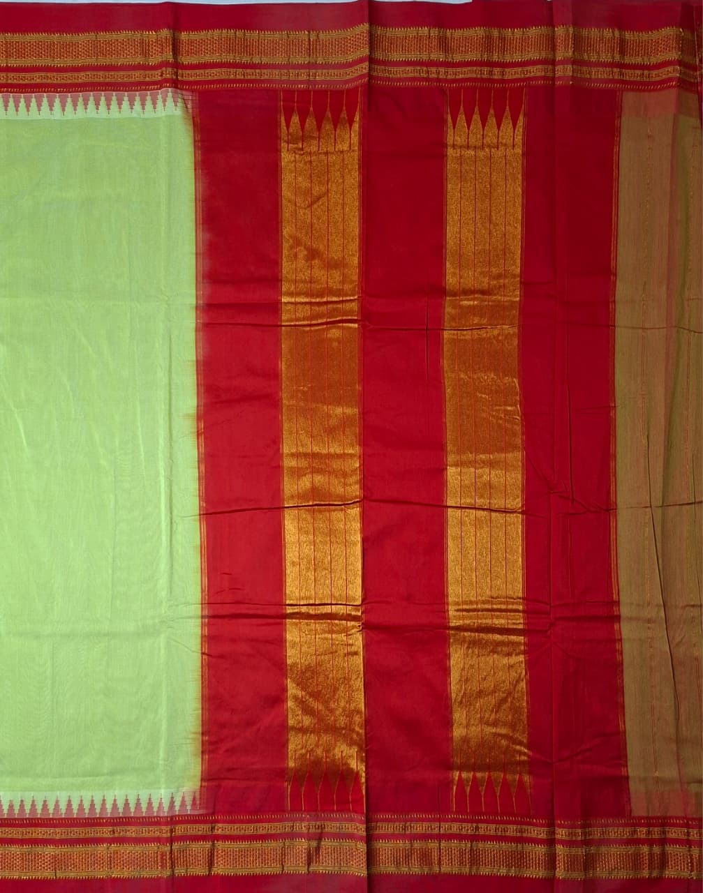 Pastel Pistachio Green Mini Gadwal Ilkal Saree with Vermilion Red Chikki Paras Border