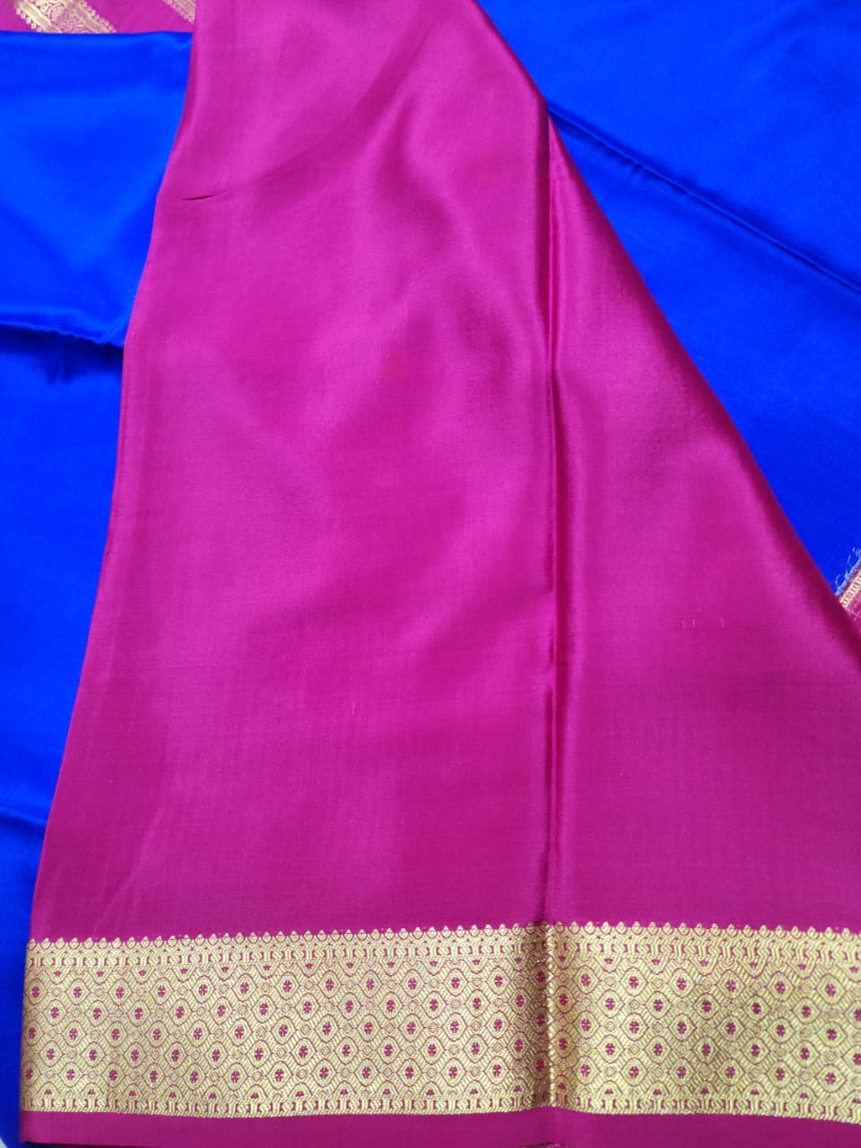 Cobalt Blue with Red-Green Contrast Mysore Silk Saree