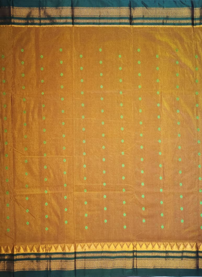 Earthy Brown Ilkal Tana Anjali Butta Cotton Saree with Temple Zari Border