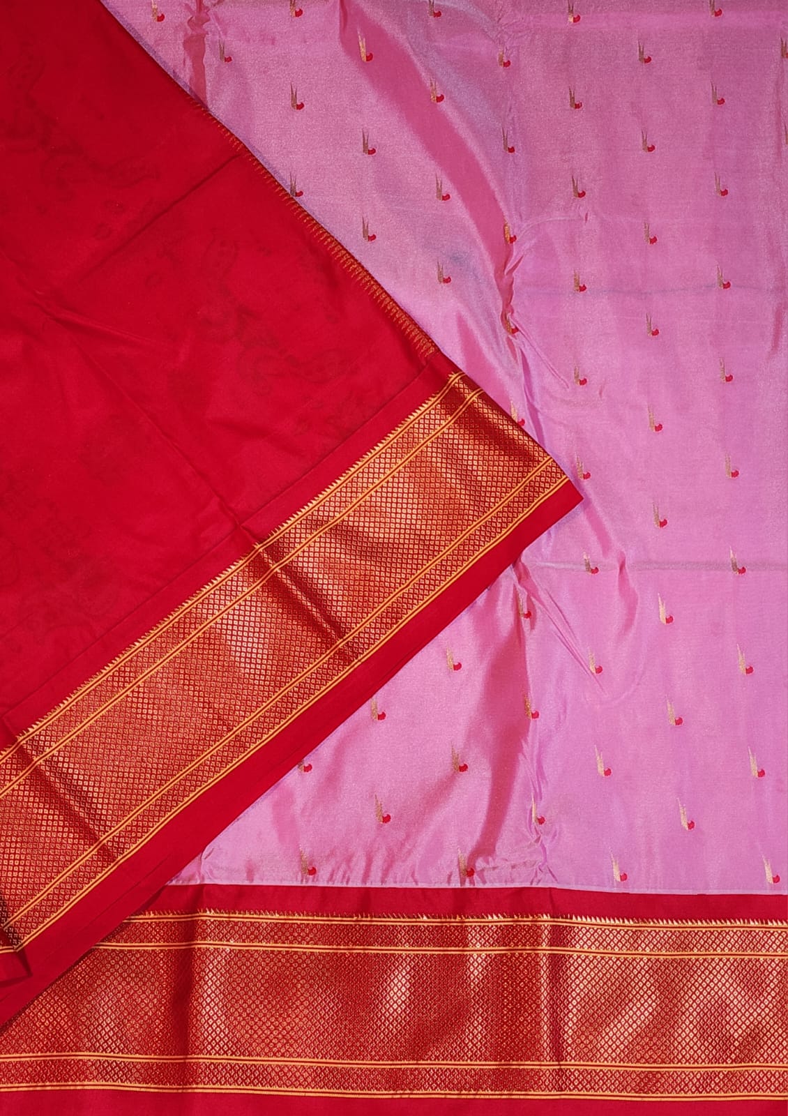 Blush Pink Paithani Saree with Red Kadiyal Border & Muniya Buttas