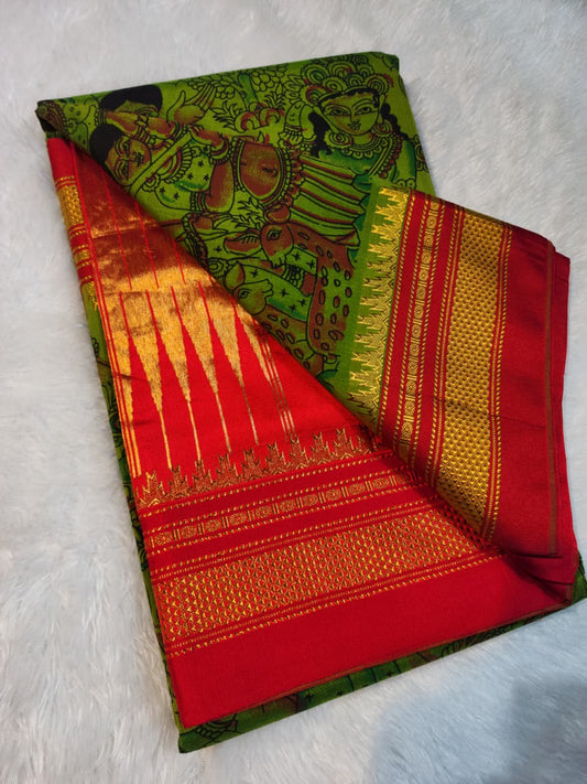 Green Kalamkari Cotton Saree with Red Zari Border