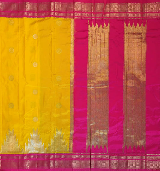 Yellow Gadwal Ilkal Silk with Two-Colour Zari Temple Tower Border