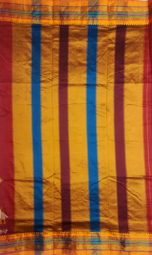 Brick Red Ilkal Kasuti Saree with Chariot & Elephant Motifs