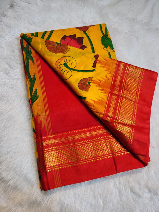 Mustard-Yellow Ilkal–Kalamkari Floral print Fusion Saree