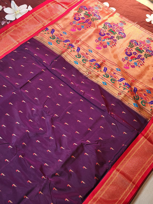 Royal Purple Paithani Saree with Red Kadiyal Border & Muniya Motifs