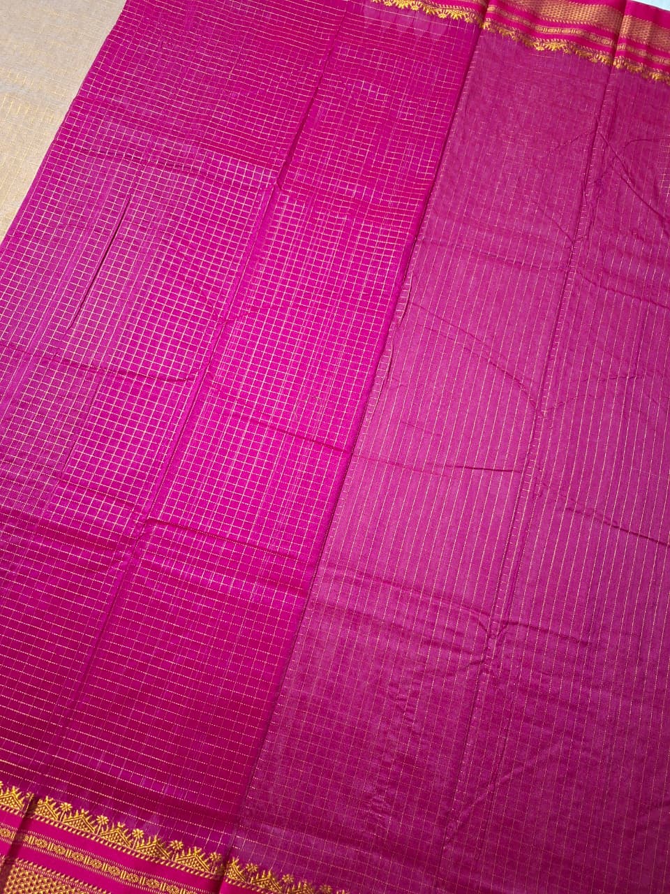 Warm Beige Mini Checks Ilkal Meera Saree with Rani Pink Zari Border