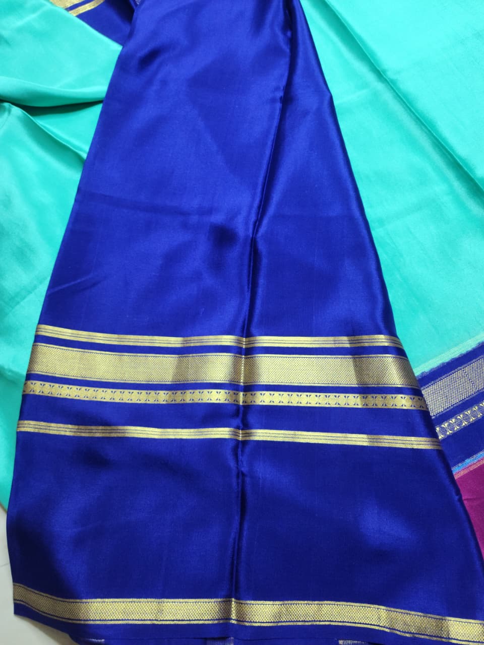Mysore Silk Saree in Light Green, Navy & Maroon with Elegant Zari Detailing