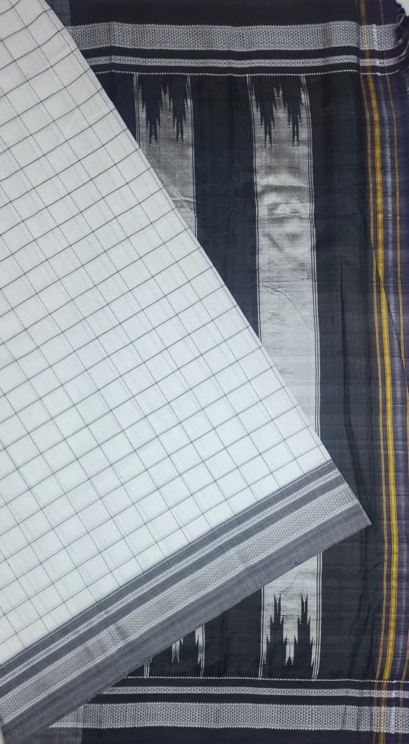 Ivory White Ilkal Cotton Handloom Checks Saree