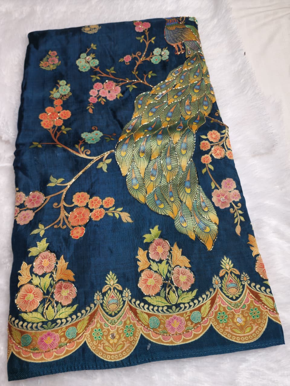 Elegant Zardosi Embroidered Silk Saree in deep teal blue base