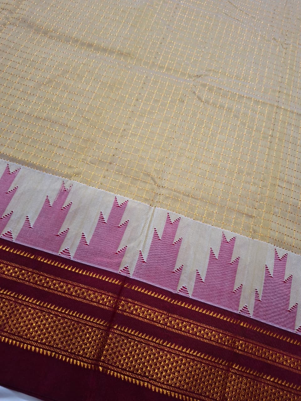 Mustard Gold Gadwal Chaduranga Ilkal Cotton Saree with Contrast Zari Border & Pallu