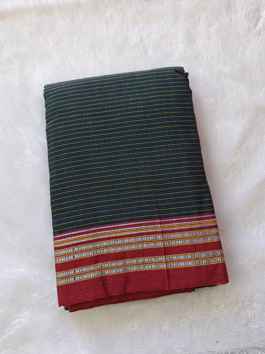 Black-Maroon with yellow stripes Ilkal Mercerized Cotton (raasta saree)