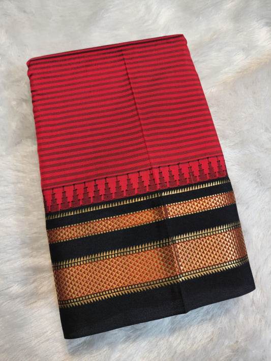 Crimson Red Gadwal Pure Ilkal Silk Saree with Rapid Stripes
