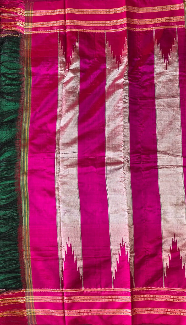 Emerald Green-Pink Ilkal Viscose Handloom Saree with Silk Pallu