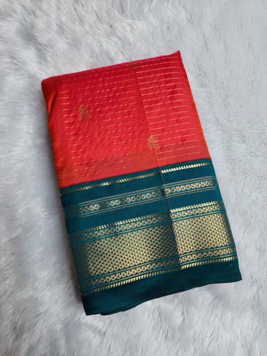 Red Teal Ilkal Silk Saree – small necklace lines butta